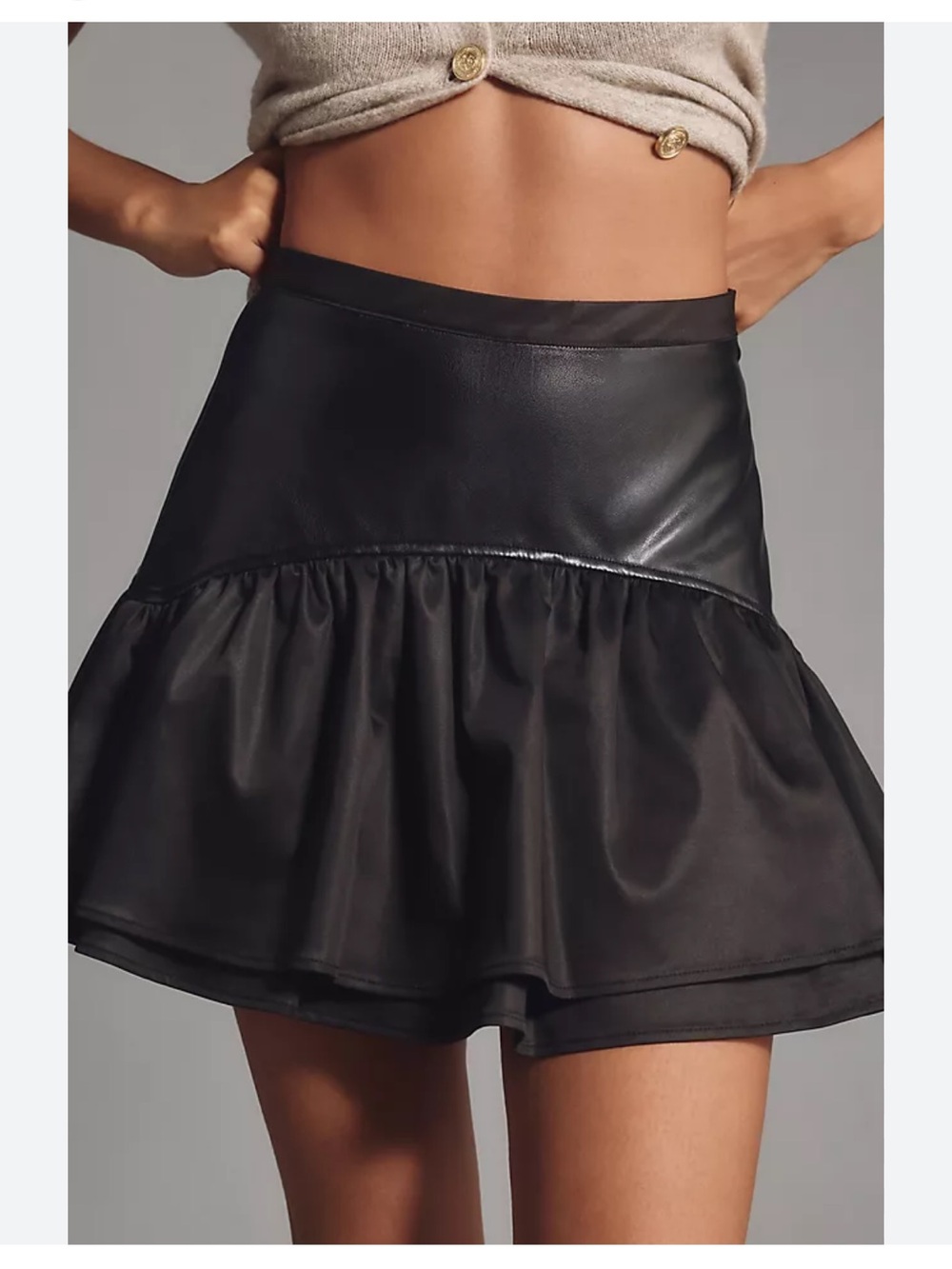 Avec Les Filles Black Faux-Leather Ruffle Hem Mini Skirt